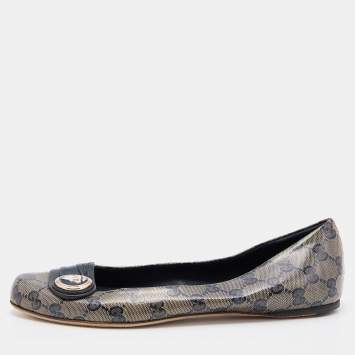 Pre Owned Gucci Navy Blue GG Crystal Canvas and Leather Hysteria Ballet Flats Size 40