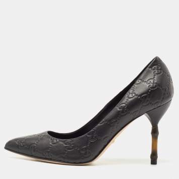 Pre Owned Gucci Black Guccissima Leather Kristen Bamboo Heel Pumps Size 37.5