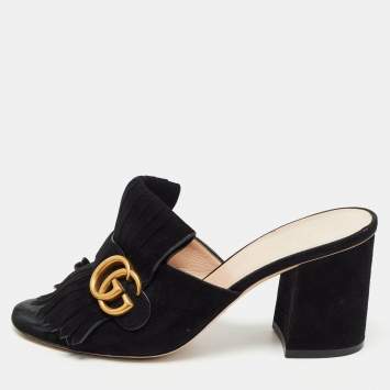 Pre Owned Gucci Black Suede Double G Slide Sandals Size 38