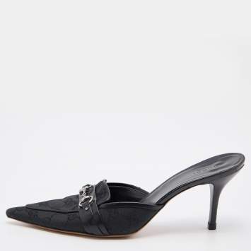 Pre Owned Gucci Black GG Canvas and Leather Horsebit Pointed Toe Mules Size 40