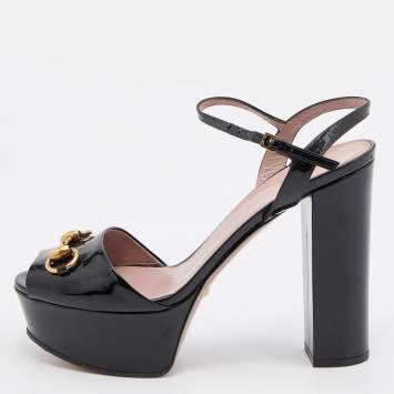 Pre Owned Gucci Black Patent Leather Horsebit Block Heel Ankle Strap Sandals Size 39