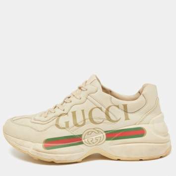 Pre Owned Gucci Beige Leather Rhyton Low Top Sneakers Size 40