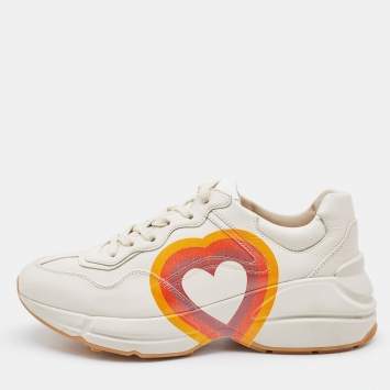 Pre Owned Gucci Beige Leather Rhyton GG Logo Low Top Sneakers Size 37.5
