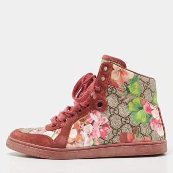 Pre Owned Gucci Beige/Pink Bloom GG Supreme Canvas and Suede High Top Sneakers Size 36