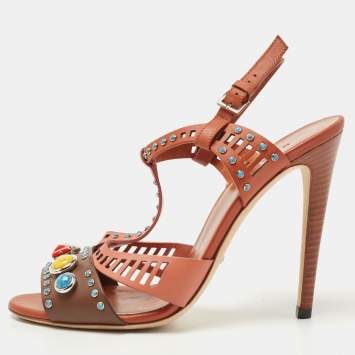 Pre Owned Gucci Multicolor Leather Lika Stone Embellished Sandals Size 38.5