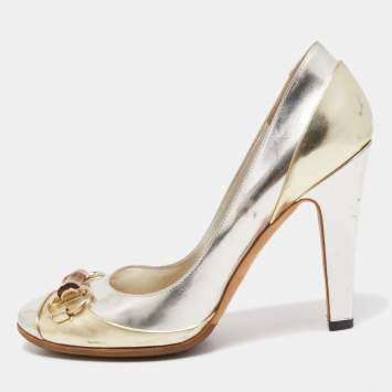 Pre Owned Gucci Gold/Silver Leather Bamboo Horsebit Pumps Size 39