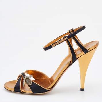 Pre Owned Gucci Black/Gold Satin and Leather Embellished Ankle Strap Sandals Size 40