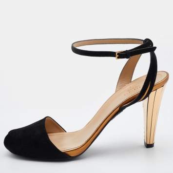 Pre Owned Gucci Black Suede Ankle Strap Peep Toe Sandals Size 37.5