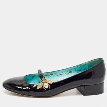 Pre Owned Gucci Black Patent Leather Lois Bee Mary Jane Ballet Flats Size 39.5