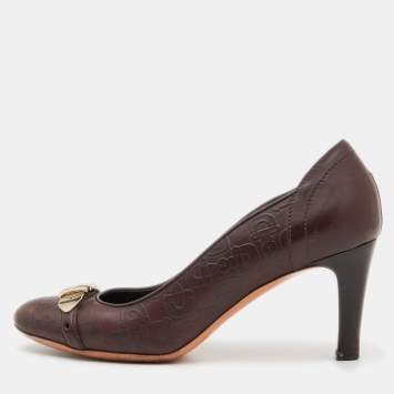 Pre Owned Gucci Brown Embossed Leather Buckle Pumps Size 37