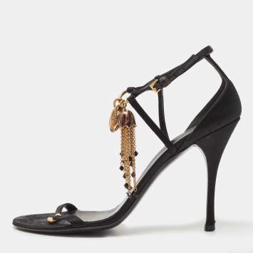 Pre Owned Gucci Black Satin And Leather Embellished Ankle Strap Sandals Size 40.5