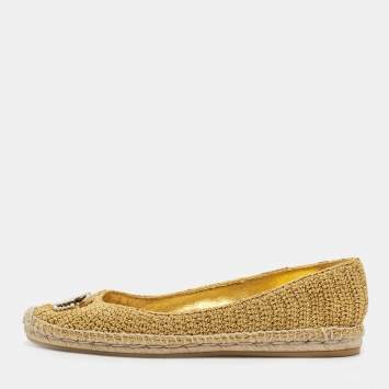 Pre Owned Gucci Gold Woven Fabric and Leather Logo Ballet Flats Size 39