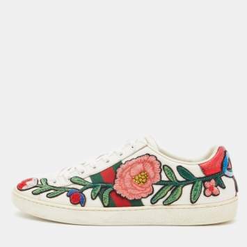 Pre Owned Gucci White Leather Floral Ace Sneakers Size 39
