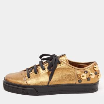 Pre Owned Gucci Metallic Leather Babouska Studded Praga Sneakers Size 36