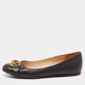 Pre Owned Gucci Black Leather Double G Ballet Flats Size 35.5