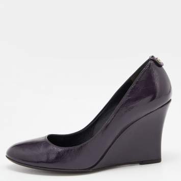 Pre Owned Gucci Purple Patent Leather Wedge Round Toe Pumps Size 36