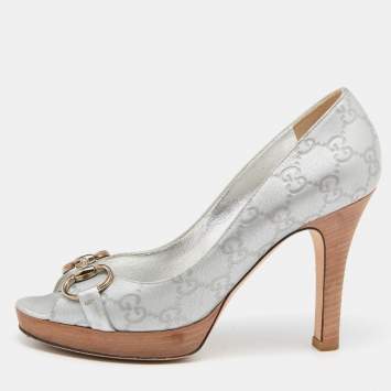 Pre Owned Gucci Grey Leather Guccissima Horsebit Peep Toe Pumps Size 37
