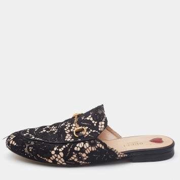 Pre Owned Gucci Black/Beige Satin and Lace Princetown Mules Size 39