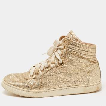 Pre Owned Gucci Gold Leather High Top Sneakers Size 35 