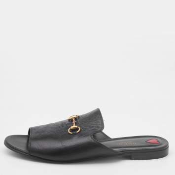 Pre Owned Gucci Black Leather Malaga Kid Flat Slides Size 40