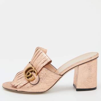 Pre Owned Gucci Rose Gold Foil Leather GG Marmont Fringe Detail Block Heel Pumps Size 39.5