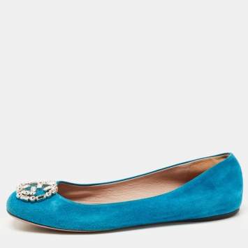 Pre Owned Gucci Blue Suede Crystal Embellished GG Ballet Flats Size 39.5