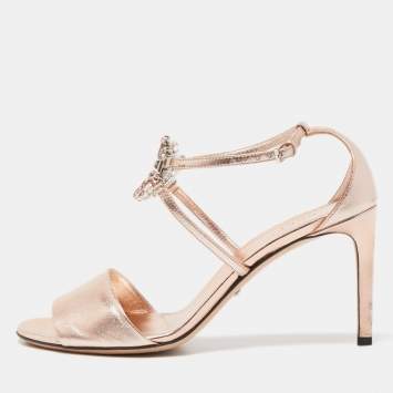 Pre Owned Gucci Metallic Leather Crystal Embellished Interlocking G Sandals Size 39