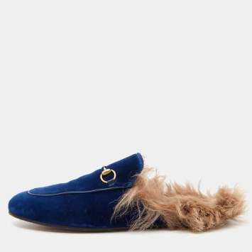 Pre Owned Gucci Blue Velvet and Fur Princetown Mules Size 40.5