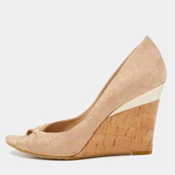 Pre Owned Gucci Pink/Gold GG Fabric Cyprus Cork Wedge Pumps Size 37