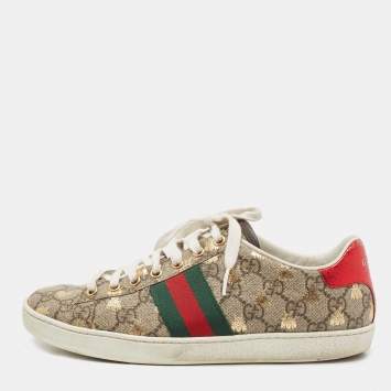 Pre Owned Gucci Brown/Beige GG Supreme Canvas Bee Print Ace Sneakers Size 38
