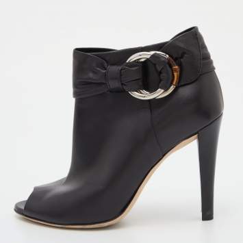 Pre Owned Gucci Black Leather Peep Toe Ankle Booties Size 37