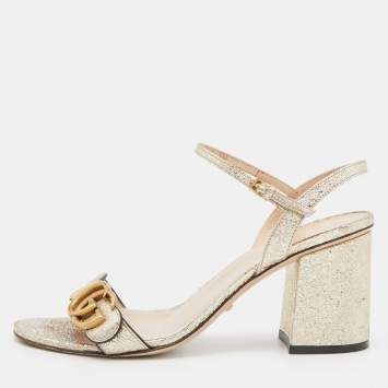 Pre Owned Gucci Gold Crinkled Leather GG Marmont Ankle Strap Sandals Size 38