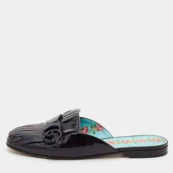 Pre Owned Gucci Black Patent Leather GG Marmont Fringe Flat Mules Size 39