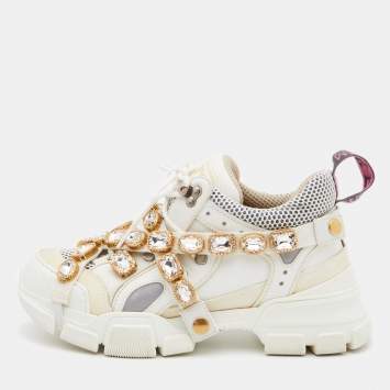 مملوكة مسبقًا Gucci White Leather, Suede and Mesh Flashtrek Removable Crystals Low Top Sneakers Size 38.5