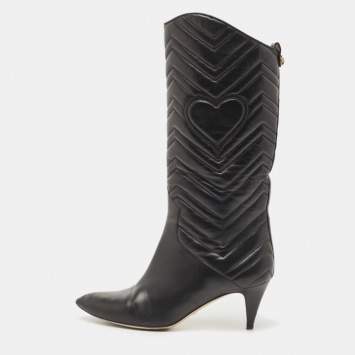 Pre Owned Gucci Black Leather Matelasse GG Mid Calf Pointed Toe Boots Size 38.5