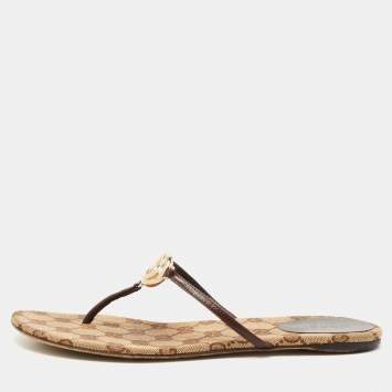 Pre Owned Gucci Brown Leather GG Thong Flats Size 37
