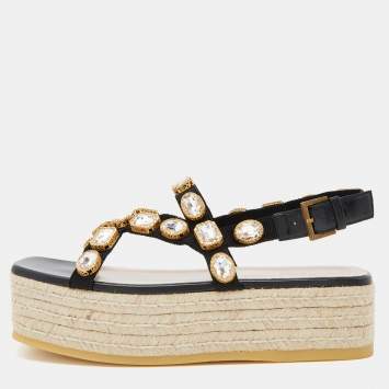 Pre Owned Gucci Black Nylon and Leather Pepita Crystals Platform Espadrille Sandals Size 38