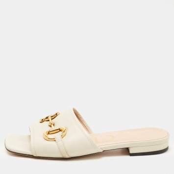 Pre Owned Gucci White Leather Horsebit Flat Slides Size 37