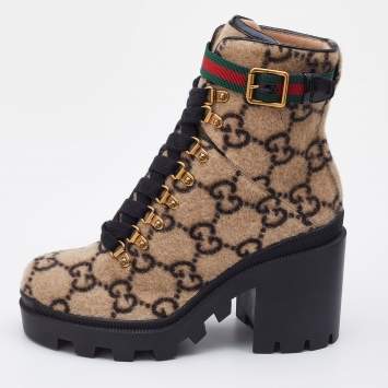 Pre Owned Gucci Beige GG Wool Ankle Length Boots Size 38