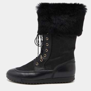 Pre Owned Gucci Black GG Nylon and Leather Lace Up Combat Boots Size 37.5