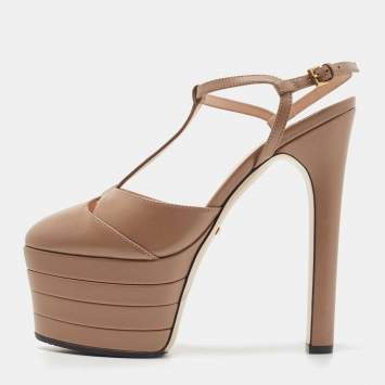 Pre Owned Gucci Light Brown Leather Angel Pumps Size 37