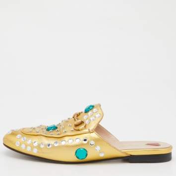 مملوكة مسبقًا Gucci Gold Crystal Embellished Leather Princetown Flat Mules Size 37.5