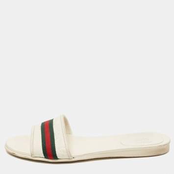 Pre Owned Gucci White Guccissima Leather and Canvas Web Flat Slides Size 39.5