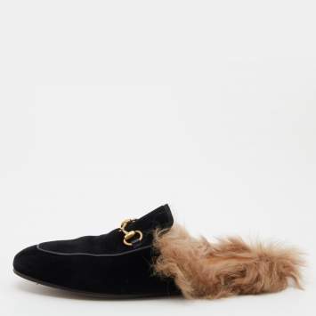 Pre Owned Gucci Black Velvet and Fur Princetown Horsebit Flat Mules Size 38