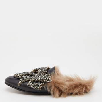Pre Owned Gucci Black Crystal Embellished Leather and Fur Princetown Horsebit Flat Mules Size 38
