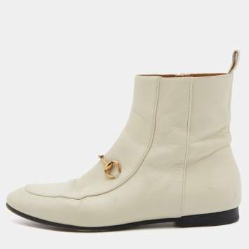 Pre Owned Gucci Cream Leather Horsebit Ankle Boots Size 38
