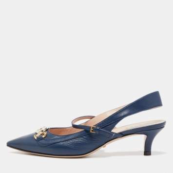 Pre Owned Gucci Blue Leather Zumi Slingback Kitten Pump Size 36