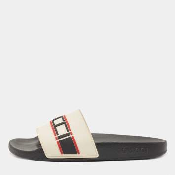 Pre Owned Gucci Off White Rubber Logo Slides Size 38