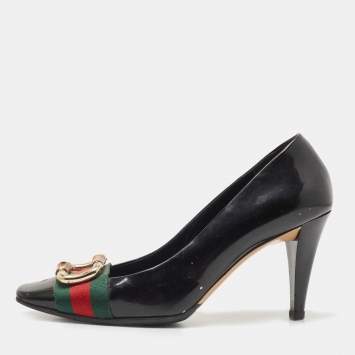 Pre Owned Gucci Black Patent Leather and Canvas Web Bamboo Buckle Pumps Size 36