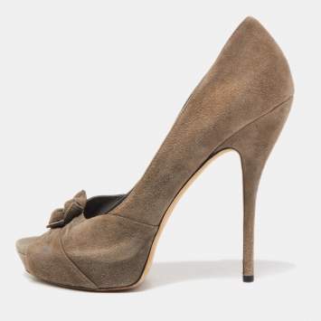 Pre Owned Gucci Grey Suede Double Bow Peep Toe Pumps Size 40.5